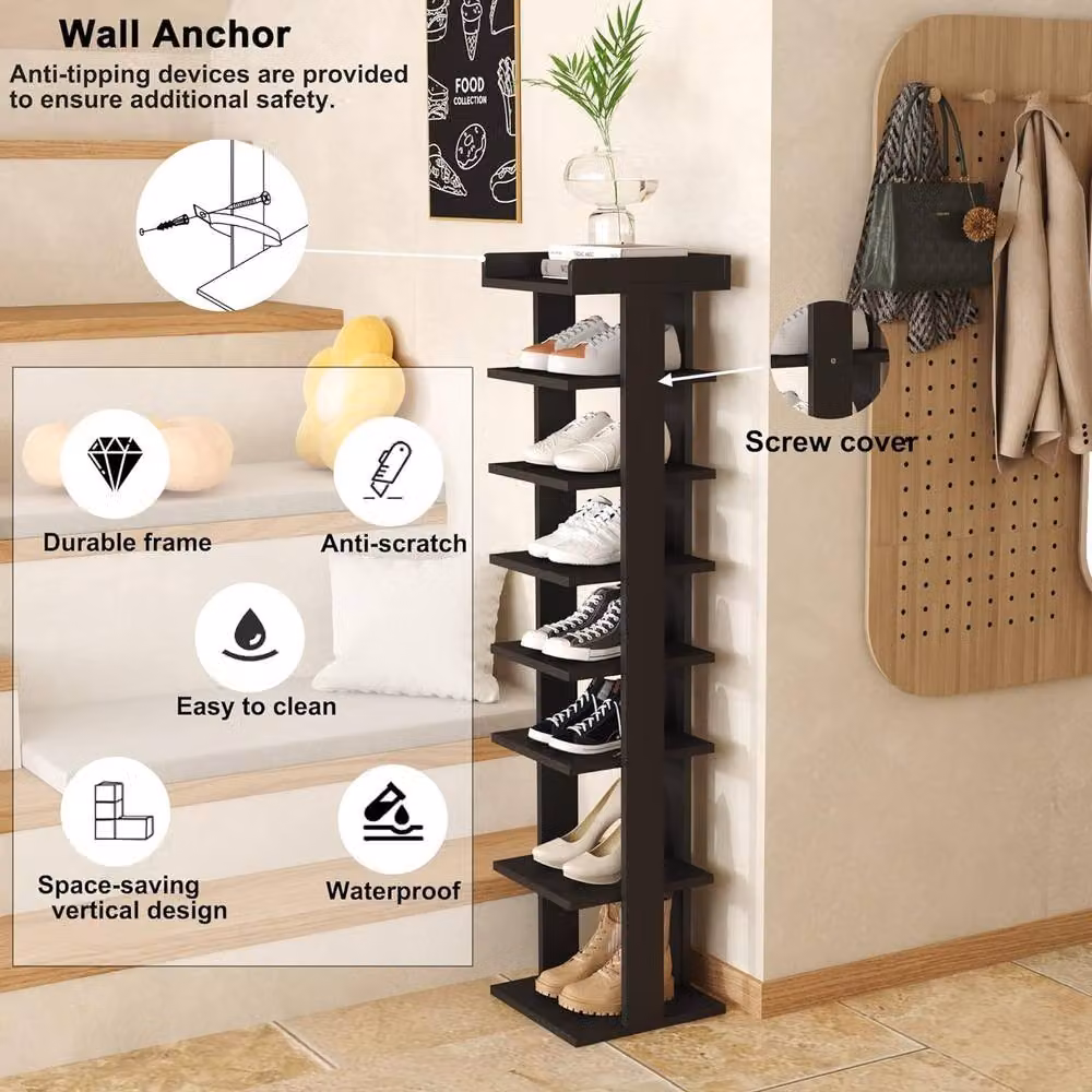 Dprodo 7-Tier Black PVC Wood Plastic Shoe Rack with Adjustable Shelves – 7