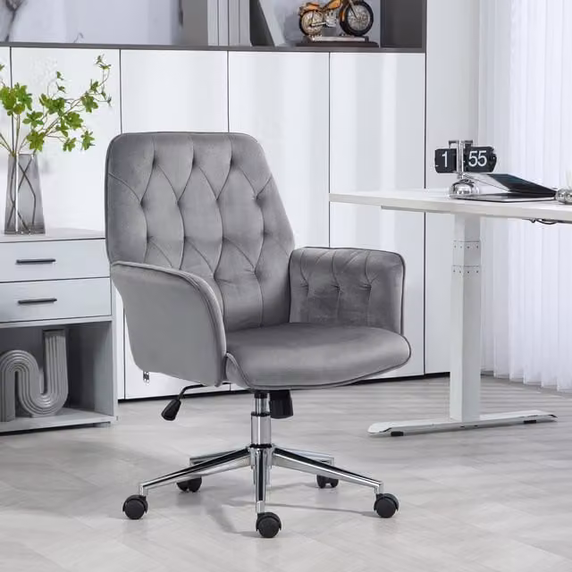 Vinsetto Modern Grey Velvet Swivel Task Chair with Armrests and Castors