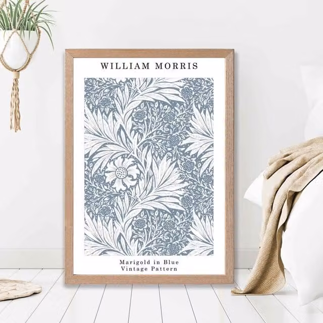 ARTZE William Morris Marigold in Blue Floral Art Print with Oak Frame, A3