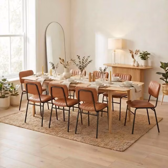 FurnitureboxUK Leif Mid-Century Rectangular Wood Extending Dining Table with 8 Delta Chairs in Light Oak and Beige – 1
