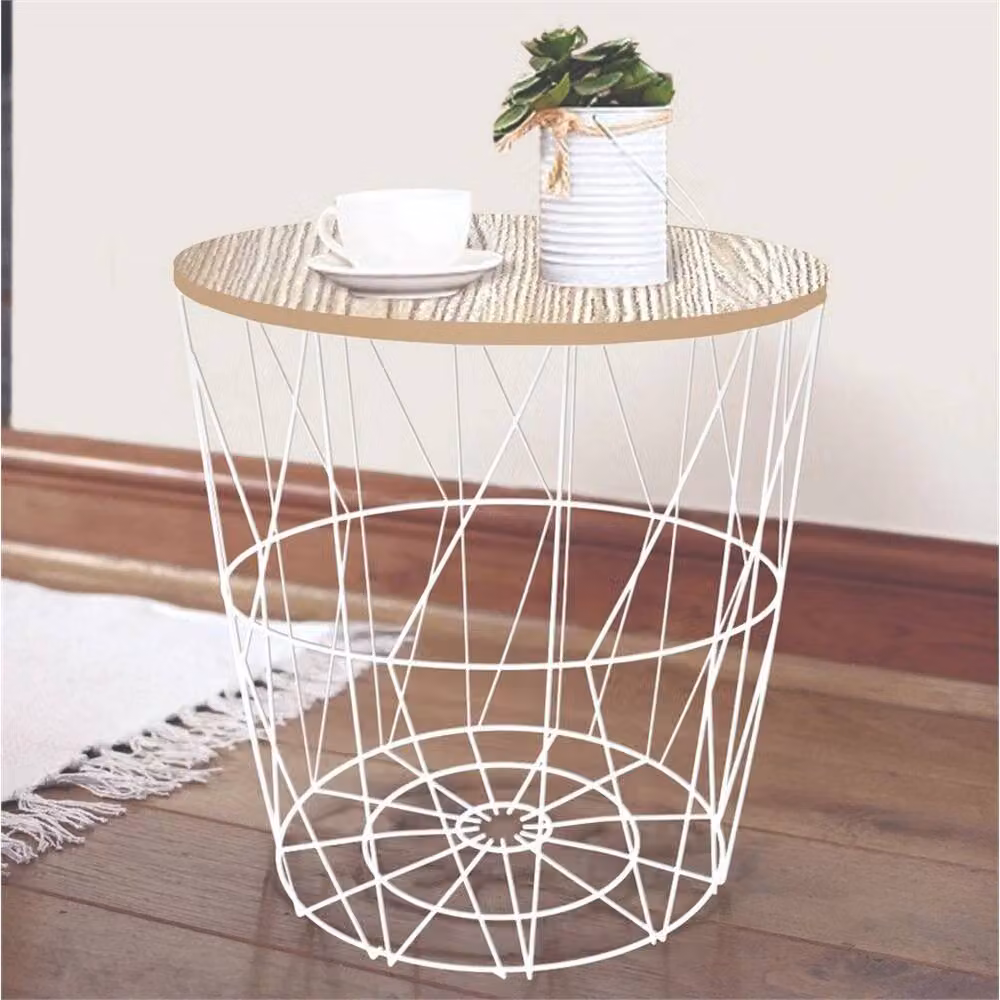 VOGREX Small White Metal Wire Side Table with Round Wooden Top and Modern Storage Basket – 2