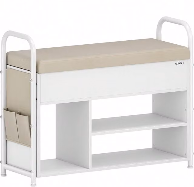 VASAGLE White Shoe Storage Bench with Synthetic Leather PU Pockets