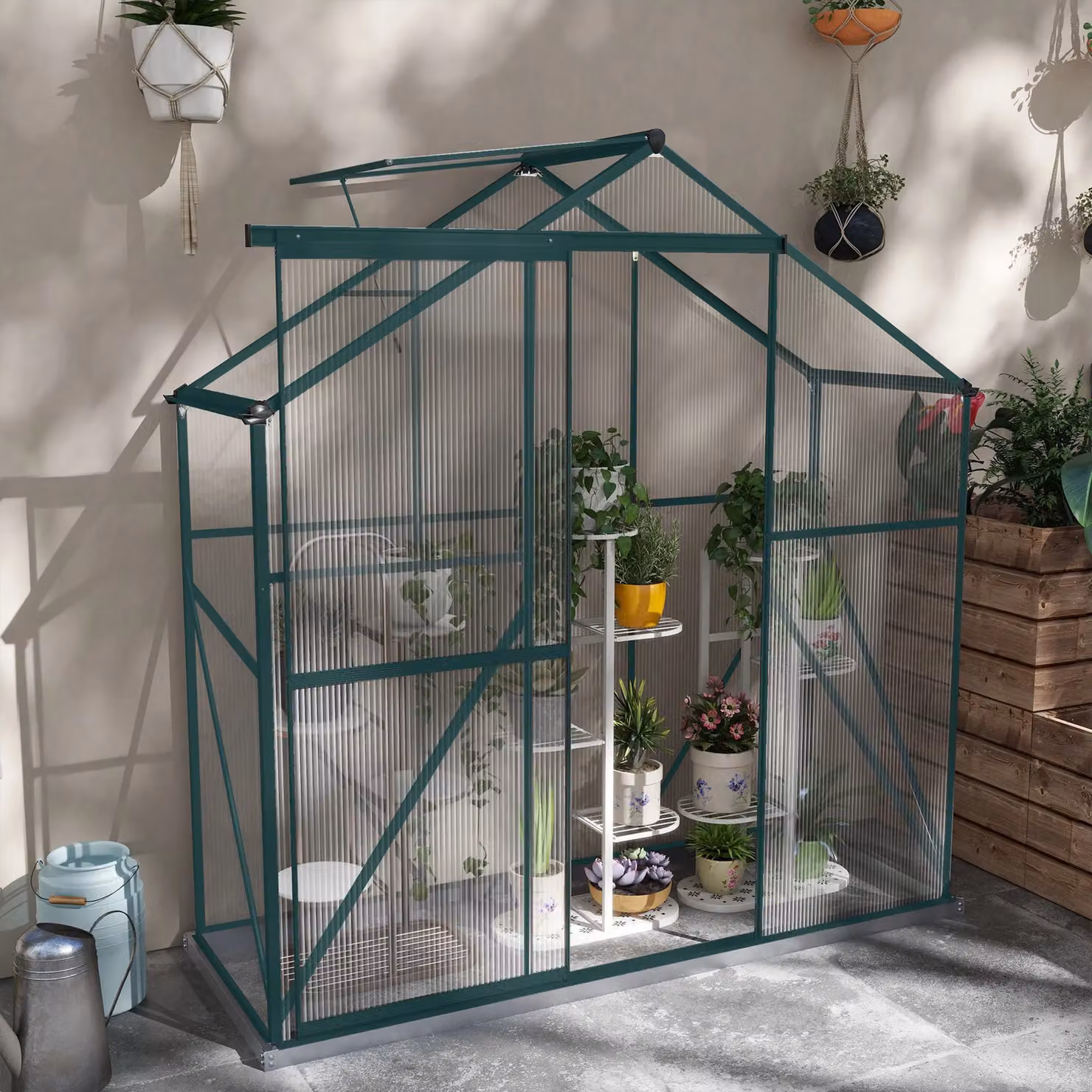 OUTSUNNY Aluminium Polycarbonate Greenhouse in Green with Sliding Windows and Rain Gutters, W/D/H: 183 x 76 x 213 cm – 2