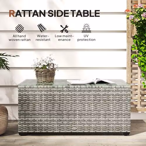 Outsunny Outdoor Rattan Coffee Table with Glass Top, Light Grey, W: 90 cm, D: 50 cm, H: 38 cm – 3