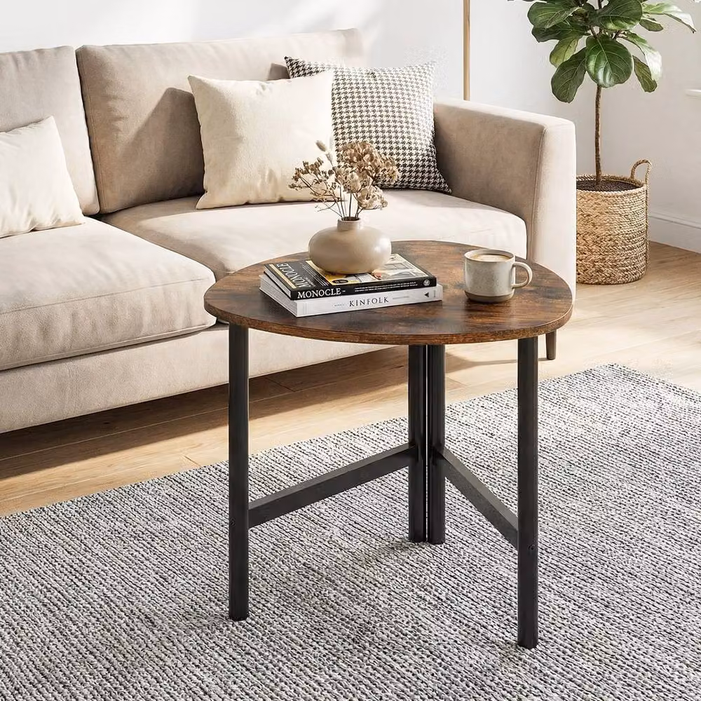 FORGEVIO Industrial Round Coffee Table in Brown with Metal and Wood Construction – 3
