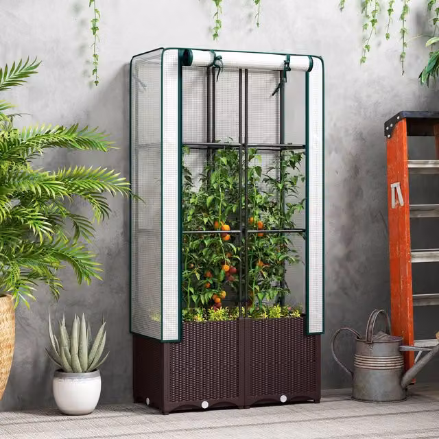 OUTSUNNY Brown Plastic Vegetable Planter Raised Bed with Trellis, W: 80 cm, D: 40 cm, H: 140 cm