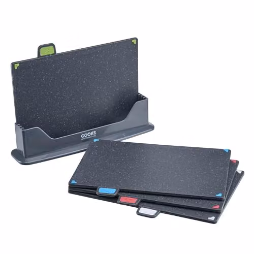 Cooks Professional Index 4 Piece Non-Slip Chopping Board Set with Stand in Dark Grey and Black – 5