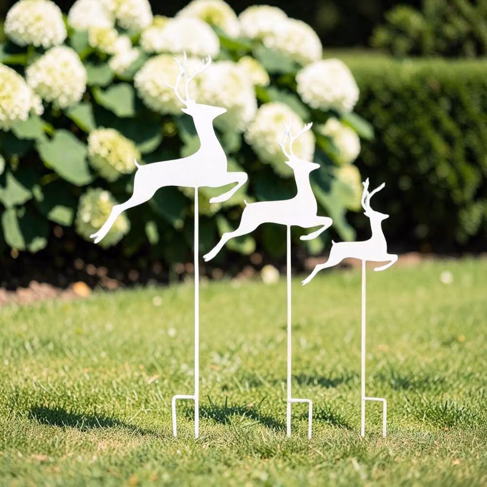 Four Candle Set of 3 White Metal Reindeer Stakes for Christmas Decor – 2