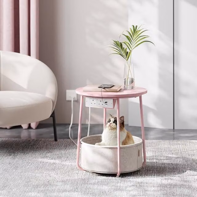 VASAGLE Round Side Table with Charging Station, USB Outlets and Fabric Basket in Pale Pink – 1