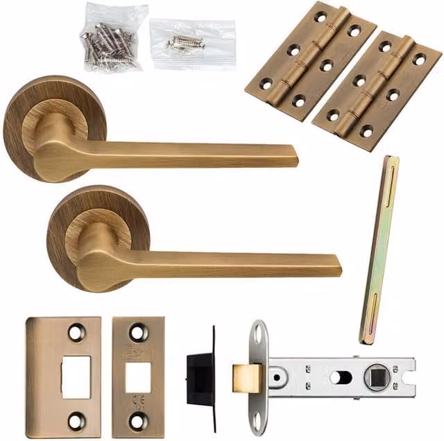 Loops Antique Brass Rounded Lever Door Handle and Latch Pack with Screwless Round Rose