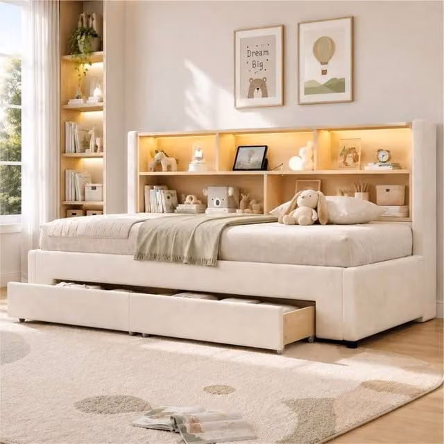 ModernLuxe Beige Velvet Upholstered Daybed with Pull Out Guest Bed, LED Storage Headboard and 2 Drawers, W/D/H: 191 x 90 x 82.5 cm – 1