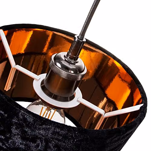 Happy Homewares Modern Black Crushed Velvet Circular Drum Lampshade with Copper Inner – 2