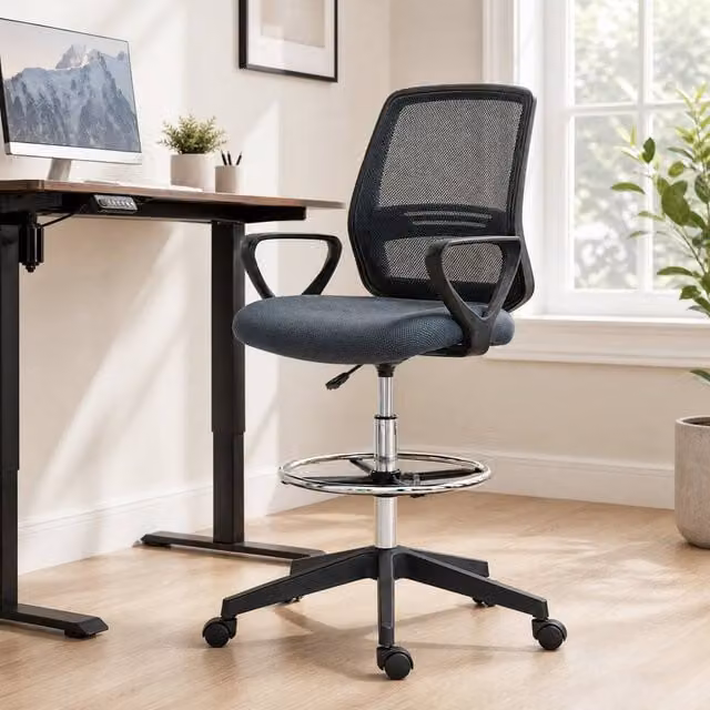 STILVORA Grey Fabric Mesh Tall Office Task Chair with Footrest and Armrests – 1