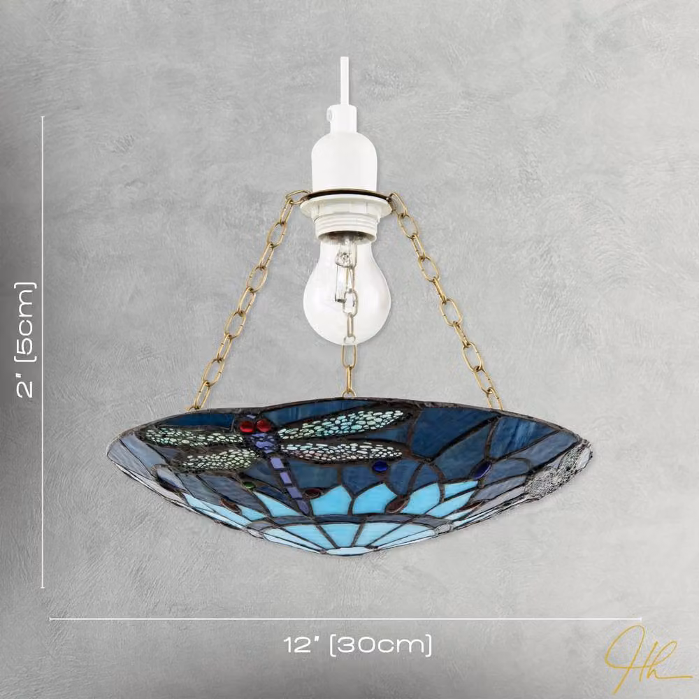 Happy Homewares Traditional Dragonfly Tiffany Glass Easy Fit Pendant Light Shade in Blue and Gold/Brass – 5