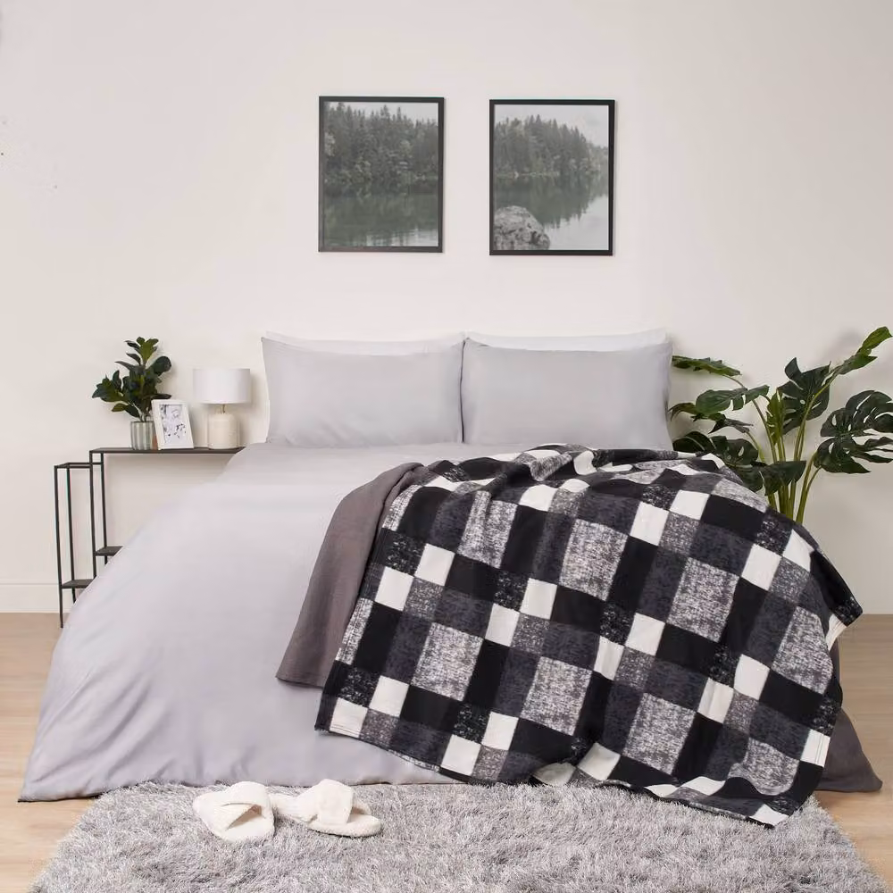 OHS Black Tartan Check Fleece Throw Blanket, W 150 cm x L 200 cm – 4