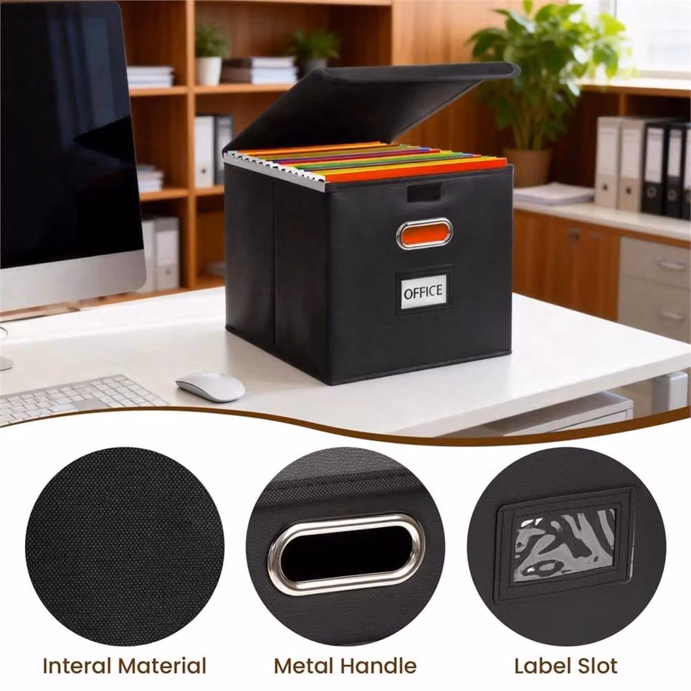 Nordara Black Foldable Portable Fabric File Storage Box with Lid – 2