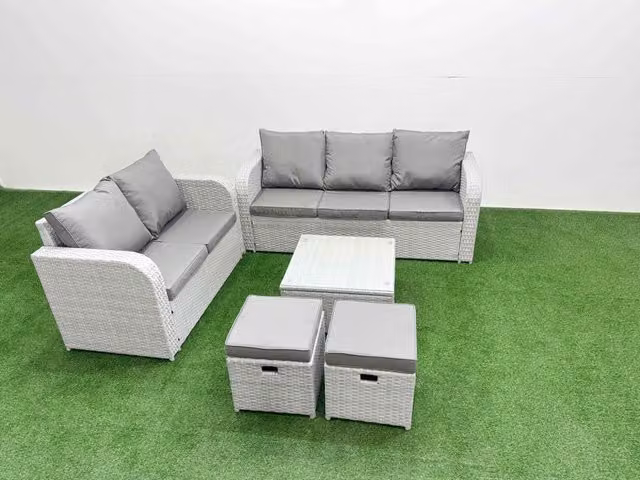 Fimous 7 Seater PE Rattan Wicker Garden Furniture Set in Light Grey with 3 Seater Sofa, Love Sofa, 2 Stools, and Square Coffee Table