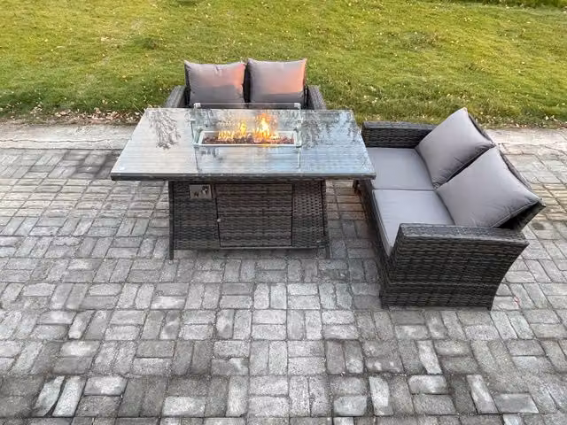 Fimous 3 Piece Poly Rattan Garden Furniture Set with Gas Firepit Dining Table and Sofa in Dark Grey
