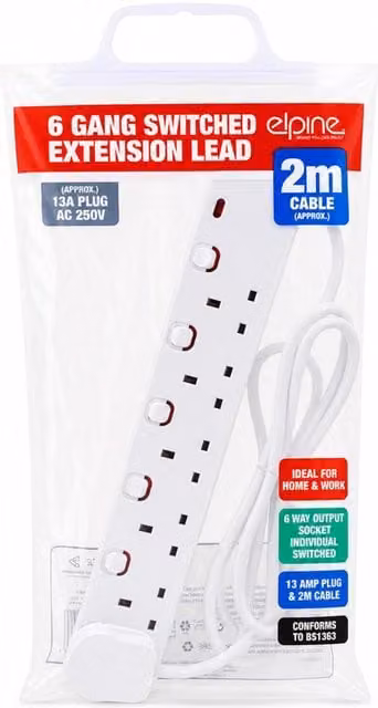 6 Gang Extension Lead with Switch, 13A Mains Power Adaptor, 2m, White