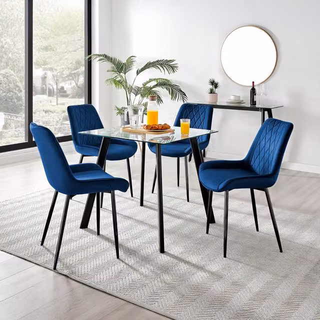FurnitureboxUK Seattle Square Glass Dining Table and 4 Pesaro Black Leg Chairs in Navy Blue
