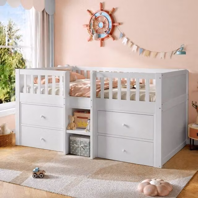 STILVORA Single Low Loft Bed with Storage and Stairs in White
