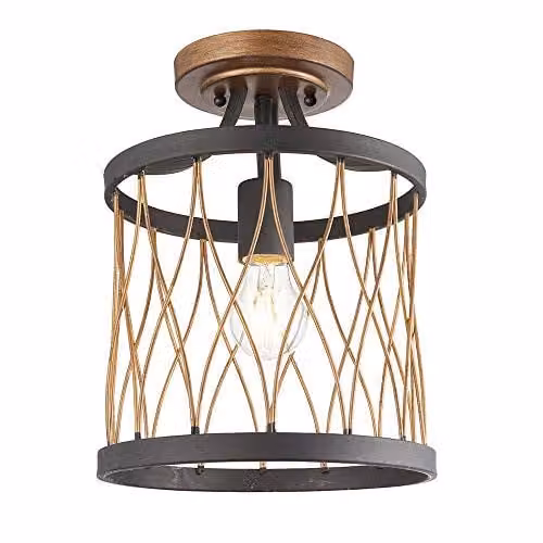 Netlighting Heston 1 Light Flush Ceiling Light in Matt Black and Rustic Bronze Effect Brown Metal – 1