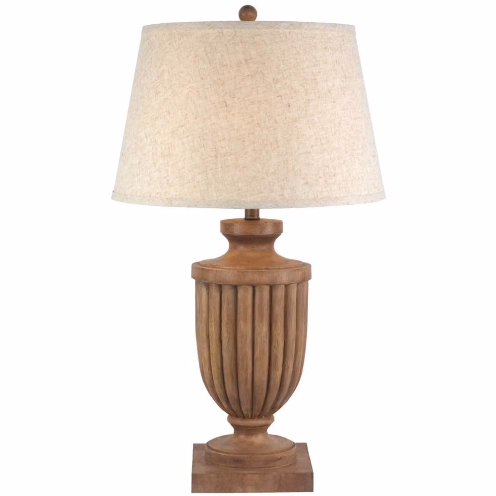 Wyld Haus Auberville Fluted Wooden Table Lamp in Brown with Beige Fabric Shade – 2
