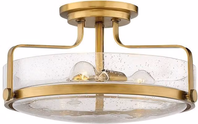 Netlighting Harper 3 Light Bowl Semi Flush Ceiling Light in Heritage Brass and Yellow Glass