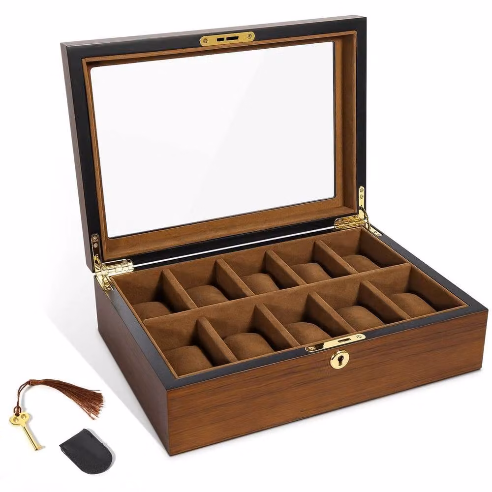NESTLUNE Lockable 10-Watch Display Grid Box in Brown Wood and Metal – 2