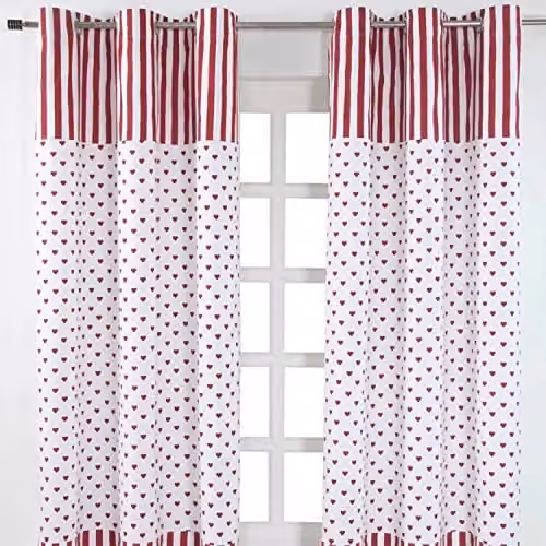 HOMESCAPES Love Hearts Red and White 100% Cotton Unlined Eyelet Curtain Pair, Width: 137 cm, Drop: 228 cm