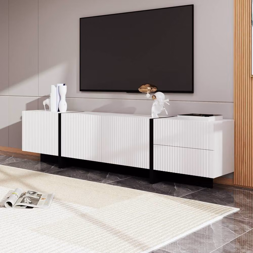 Merax Modern Fluted TV Lowboard in White with 3 Doors and 2 Drawers, W: 190 cm, D: 35 cm, H: 45 cm – 3