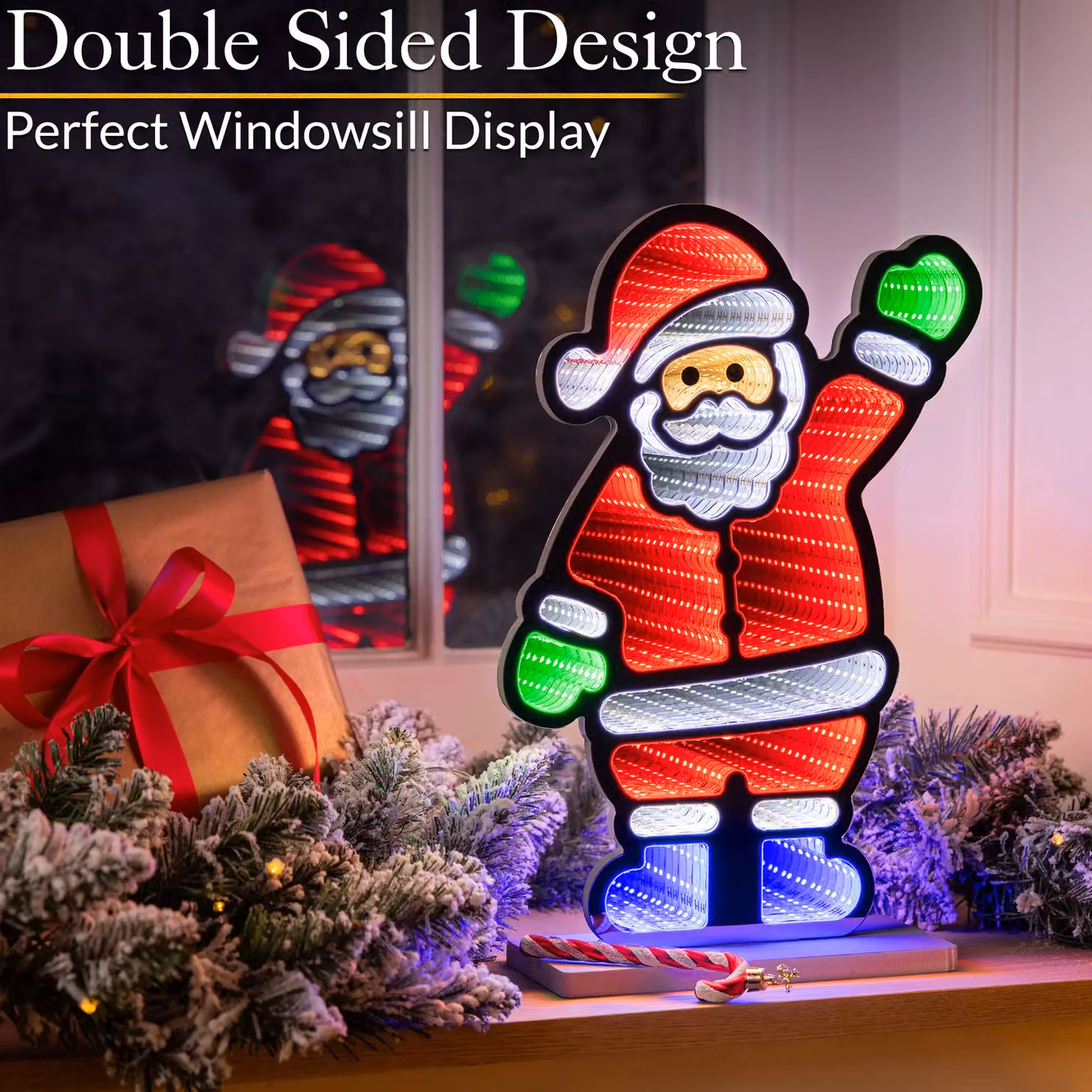 Christow Santa LED Christmas Infinity Light with Wooden Base, Multicolour, Height: 40 cm – 4