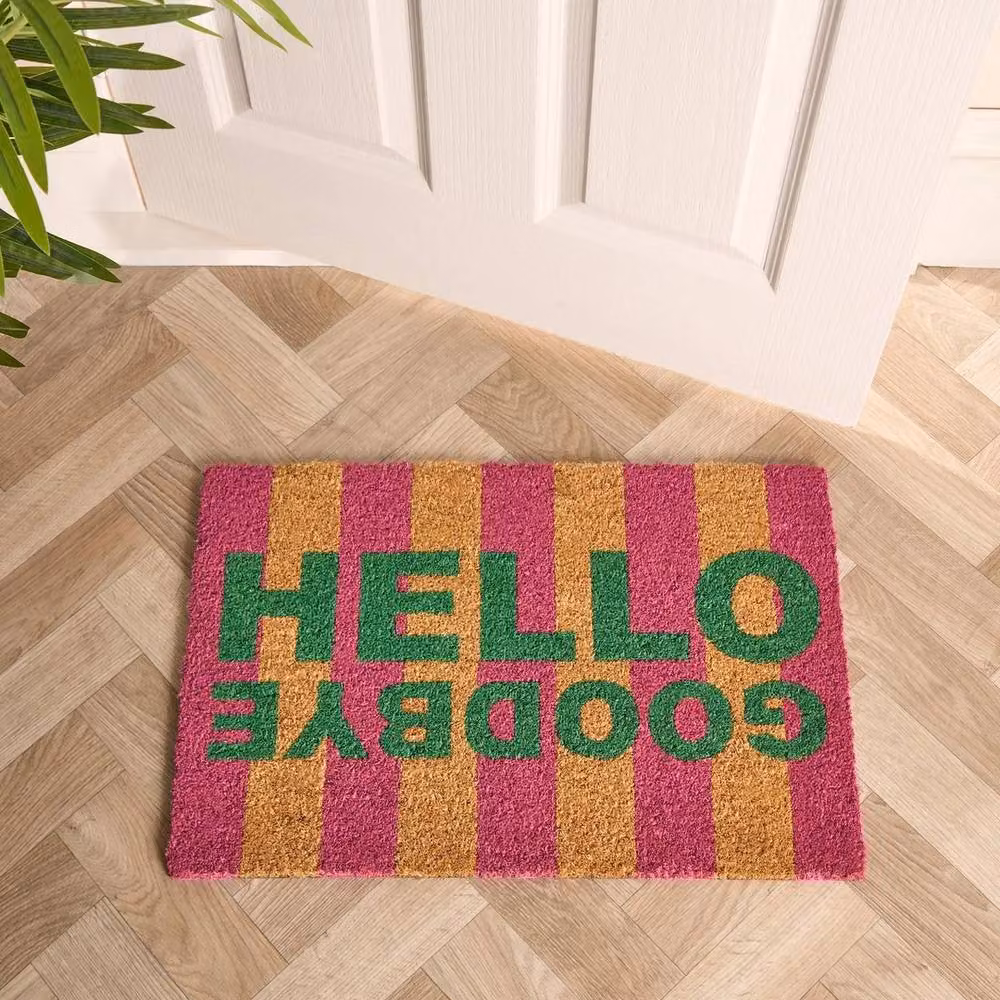 Kelvenix Striped Hello Goodbye Slogan Doormat, Multicolour Green and Pink Coir, W/D/H: 60 x 40 x 1 cm – 3