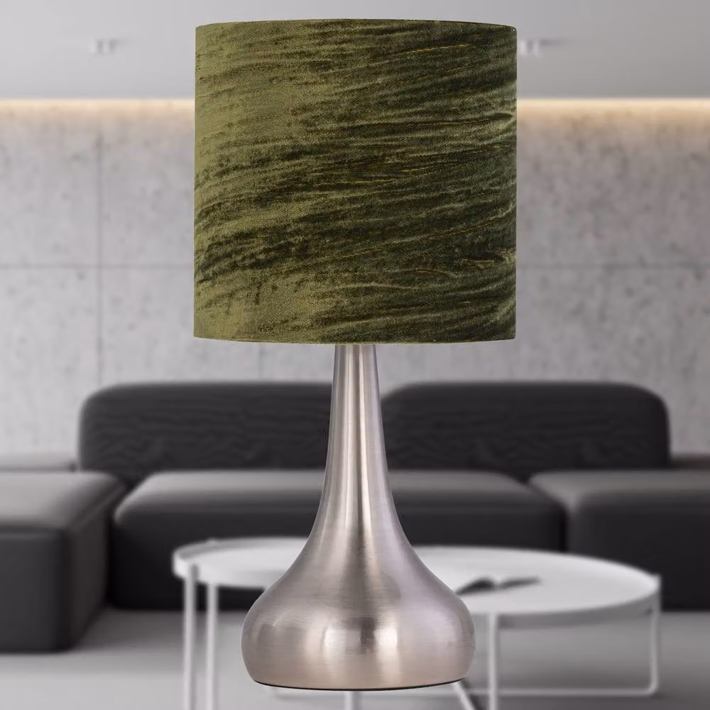 First Choice Lighting Romana Touch Table Lamp with Green Velvet Shade in Brushed Chrome – 3