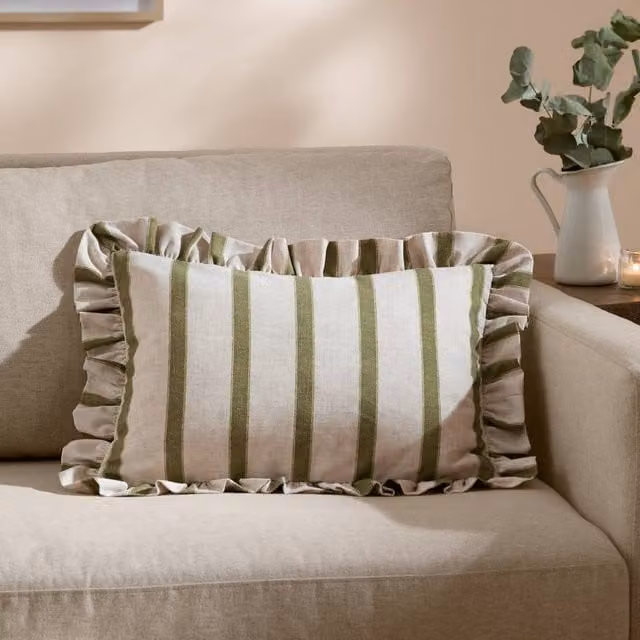 Wylder Connie Striped Ruffle Linen Cushion in Green, W: 50 cm, H: 35 cm – 1
