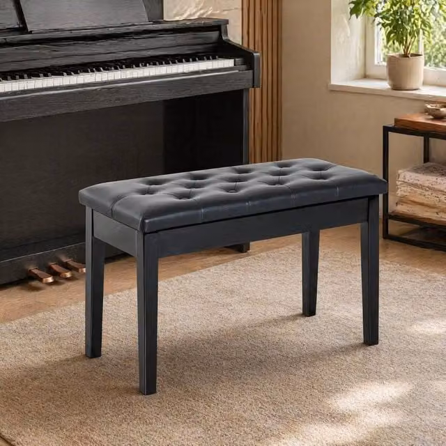 STILVORA Piano Stool with Storage in Black Synthetic Leather and Rubberwood
