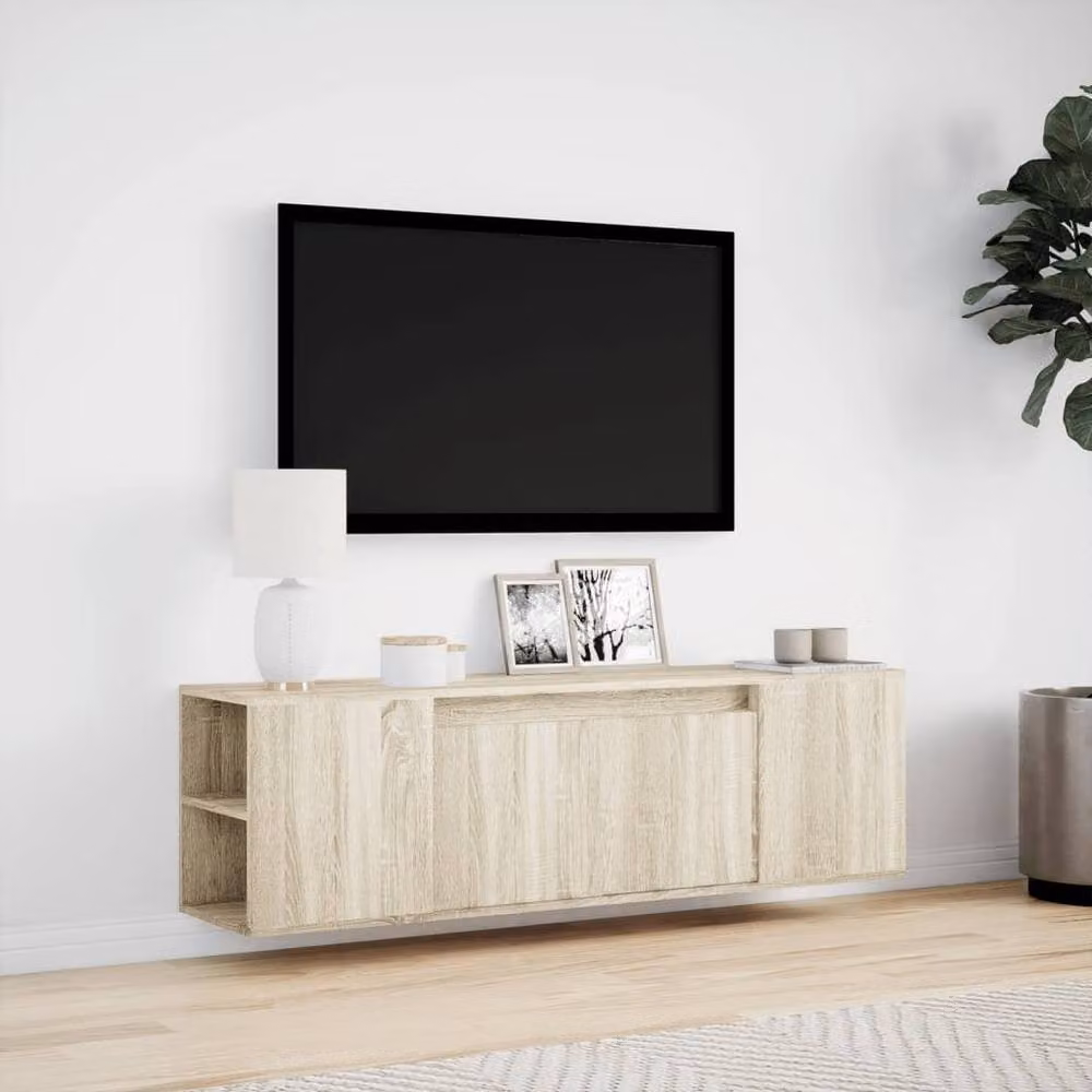 Berkfield Home TV Wall Cabinet with LED Lights in Sonoma Oak and Light Tan, W: 135 cm, D: 31 cm, H: 39.5 cm – 3