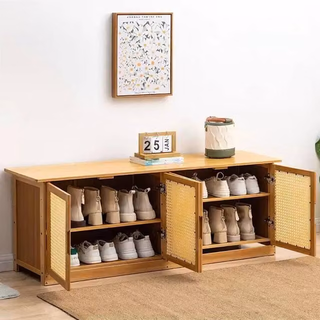 KORVIXA Brown Wooden Shoe Cabinet and Storage Bench with Rattan Detail, Width: 100 cm