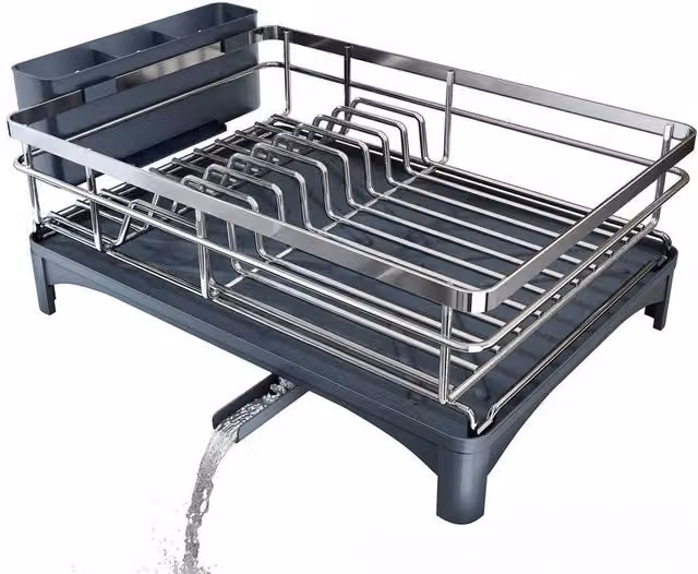 FORGEVIO 1 Tier Stainless Steel and Glass Dish Drainer Rack in Black – 1