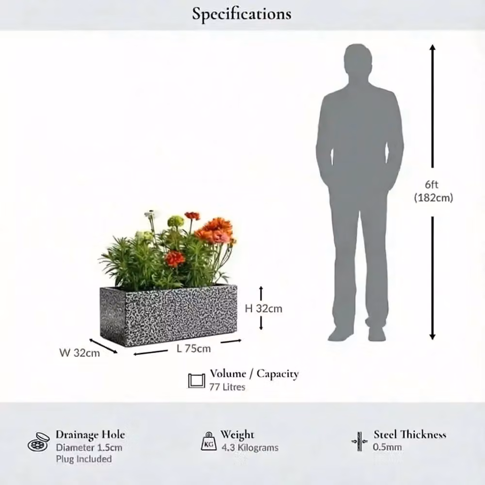 Tulipy Galvanised Steel Trough Planter, Silver and Black, L75 x W32 x H32 cm – 2
