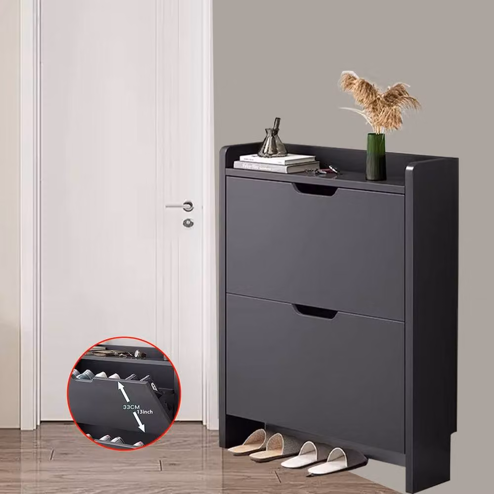 FORGEVIO Modern Black Wooden 2 Drawer Shoe Storage Cabinet with Tilting Compartments, W/D/H: 80 x 47 x 47 cm – 4