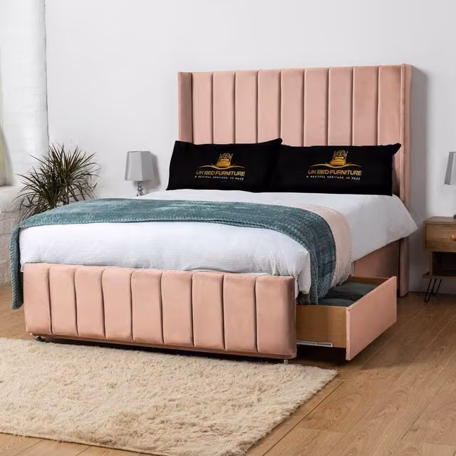 UK Bed Furniture Arizona Pink Velvet Wingback Divan Bed with 54 Inch Headboard and 2 Foot End Drawers, Size: King, W/D/H: 180 x 200 cm