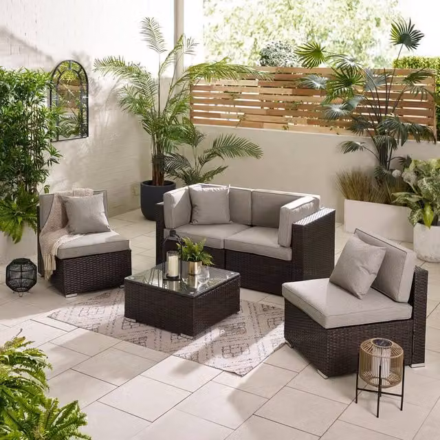 FurnitureboxUK Orlando 4 Seater L-Shape Modular Outdoor Rattan Garden Sofa Set in Brown