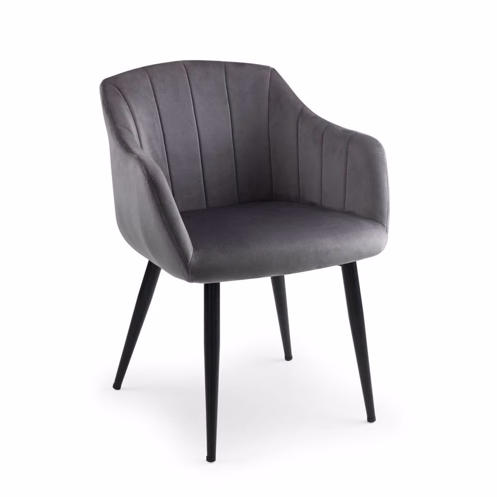 Cheshire Glenwood Set of 2 Premium Scalloped Grey Velvet Dining Chairs with Armrests and Black Metal Legs – 2