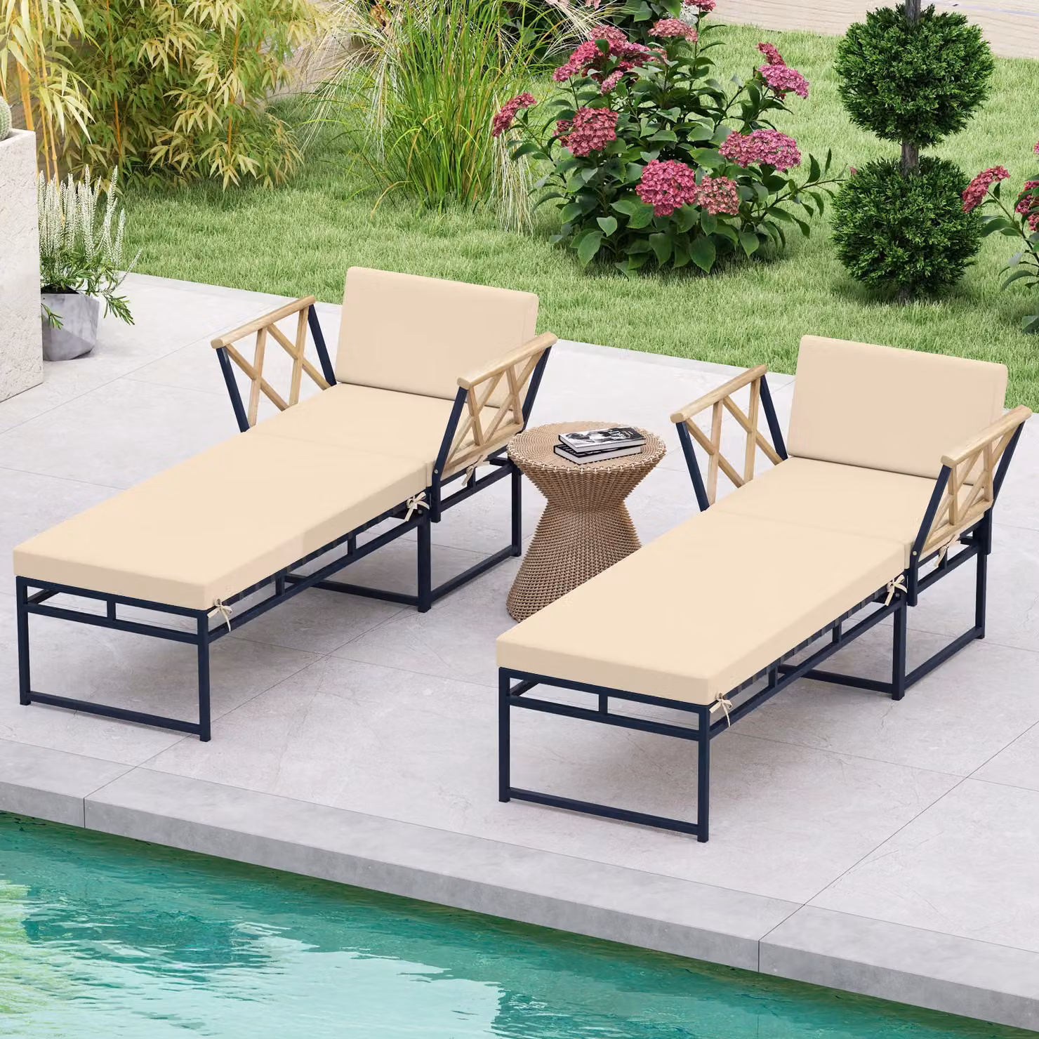 Costway 2 Piece Patio Furniture Set with Acacia Wood Armchairs and Matching Ottoman in Brown and Beige – 7