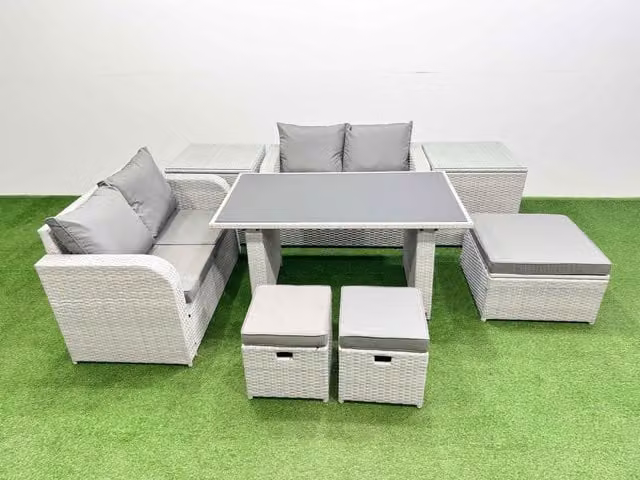 Fimous 8 Piece Outdoor PE Rattan Sofa Set with Cushions and 2 Side Tables in Light Grey