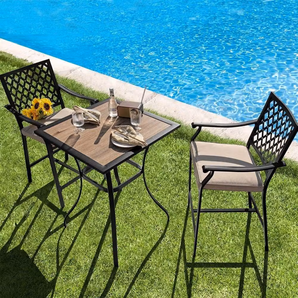 Hinsinc 3-Piece Outdoor Bar Bistro Set with 2 Bar Stools in Black Matt Metal – 3