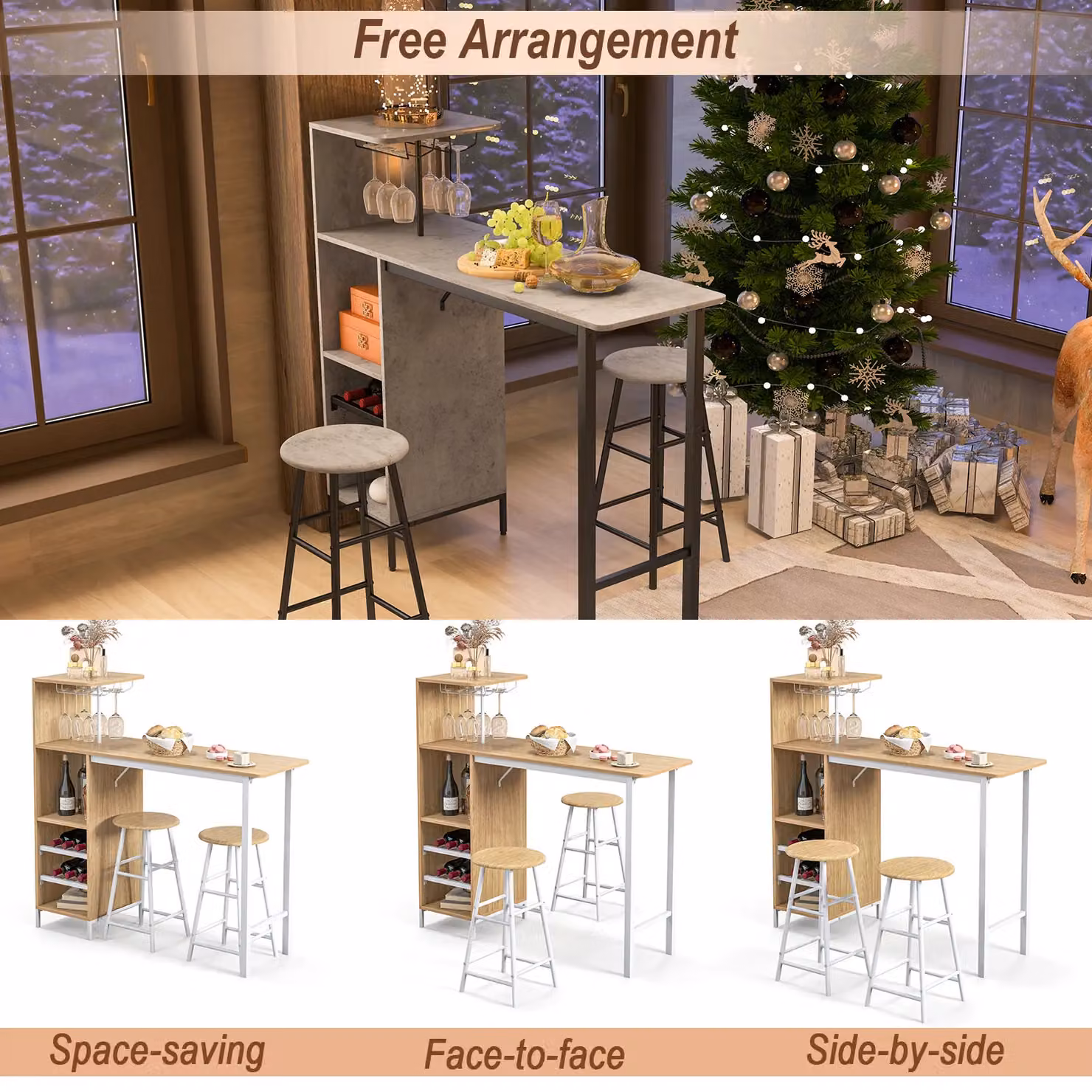 Costway 3-Piece Industrial Bar Table and Stools Set with Glass Holders and Wine Racks in Brown – 4