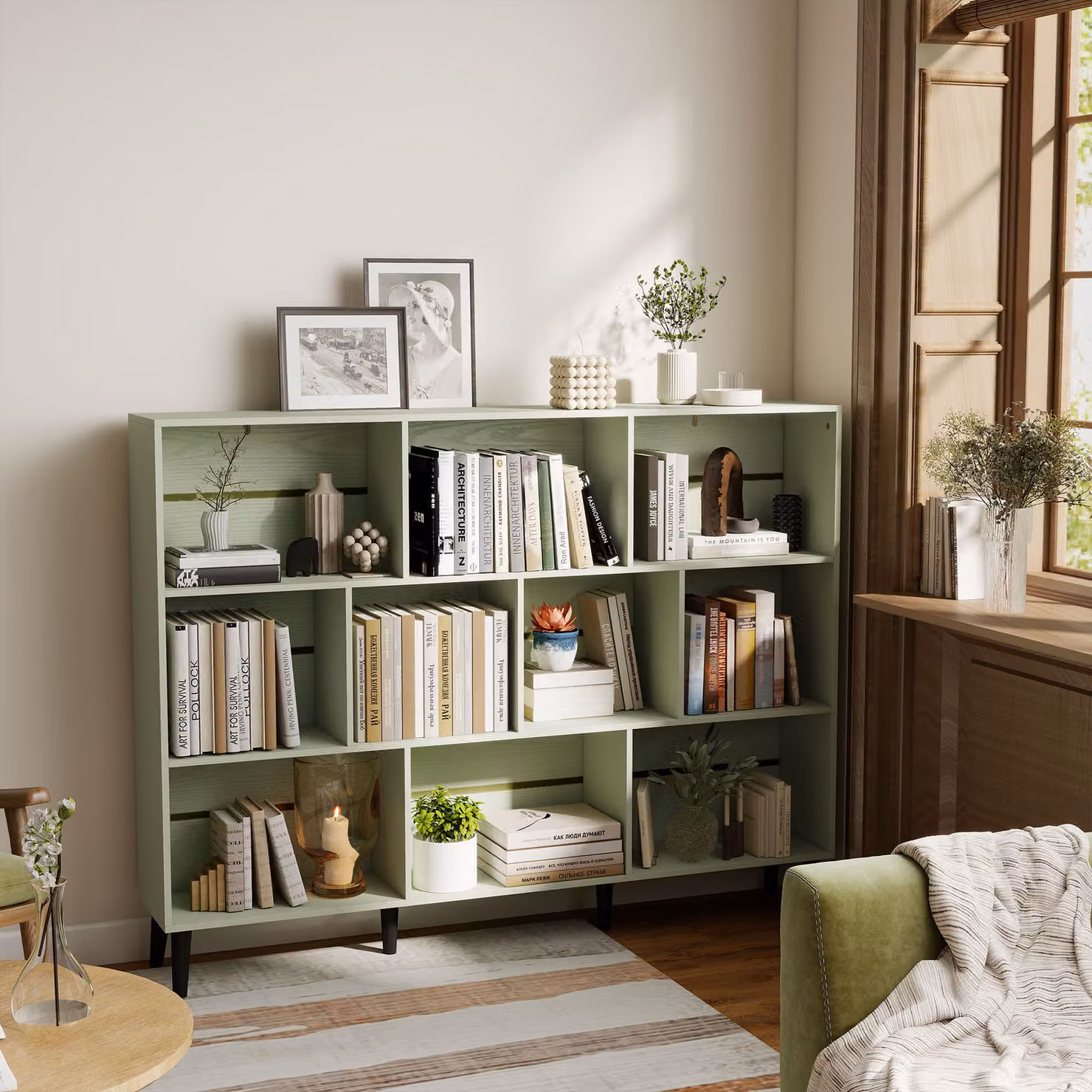 HOMCOM 10-Cube Modern 3-Tier Bookcase with Solid Wood Legs in Light Green, H 140 cm – 5