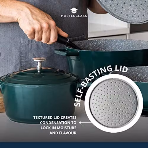 MasterClass Cast Aluminium Casserole Dish with Lid, Green, Diameter: 24 cm – 5